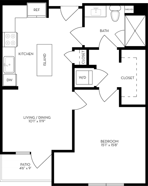 Floor plan for 1 bed, 1 bath, 720 sqft